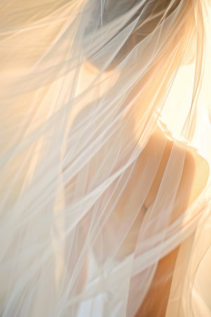 Ethereal bride in golden hour light, ideal for wedding themes. AI Generated.の素材