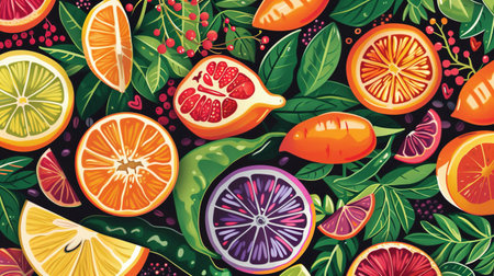 Illustration of colorful, assorted sliced fruits and vegetables.  Nutritional education materials. AI Generated.の素材