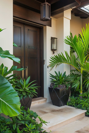 Modern home entrance enveloped by lush tropical foliage at dusk. Suitable for architectural and landscape design publications. AI Generated.の素材