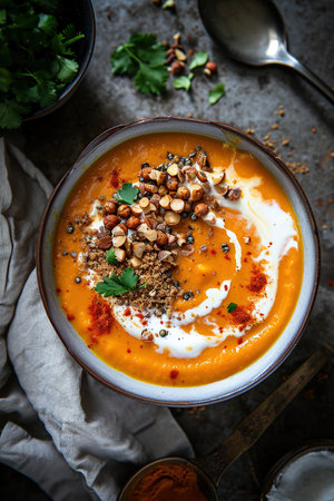 Velvety pumpkin soup garnished with seeds and herbs, ideal for culinary publications. AI Generated.の素材