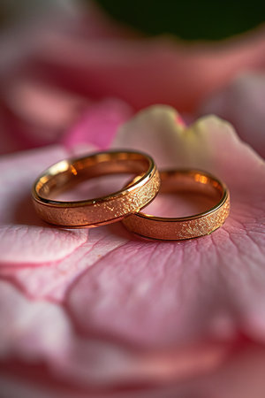 Wedding rings nestled on a dewy rose, symbolizing romantic union. AI Generated.の素材