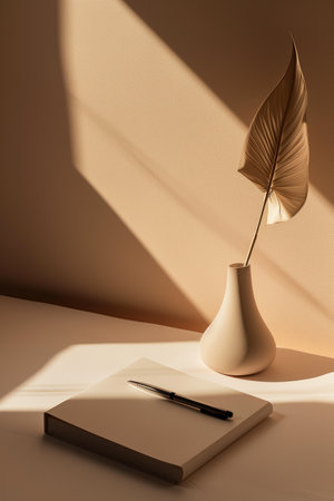 Leaf in a vase with shadow over notebook and pen, minimalist elegance. Suitable for a minimalist lifestyle or design concept. AI Generated.の素材