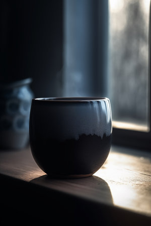 Artistic ceramic cup in moody lighting, still life serenity. Suitable for home decor and lifestyle photography. AI Generated.の素材