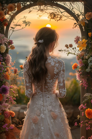Bride under floral archway at sunset. Wedding photography. AI Generated.の素材