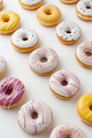 Assorted lavender and pink frosted donuts on a white background. Ideal for confectionery marketing. AI Generated.の素材