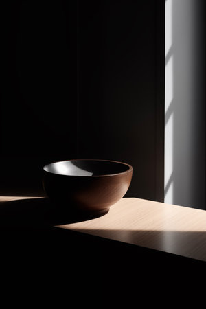 Minimalist black bowl with striking light and shadows. Suitable for product design showcases. AI Generated.の素材