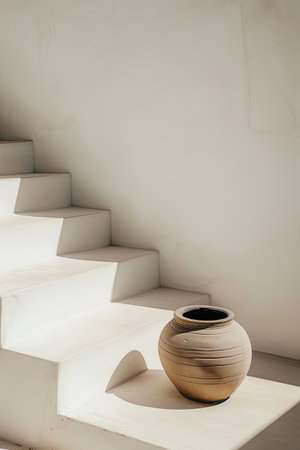 Minimalist stairs with rustic pottery, suitable for interior design inspiration. AI Generated.の素材