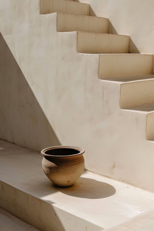Minimalist stairs with rustic pottery, suitable for interior design inspiration. AI Generated.の素材