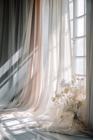Sheer curtains filter light in a serene room with flowers. Perfect for interior design and lifestyle photography. AI Generated.の素材
