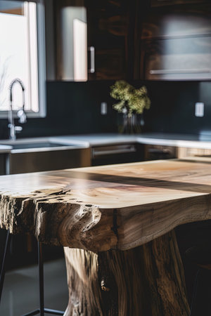 Live-edge table blending nature with modern interior design. Ideal for home decor inspiration. AI Generated.の素材