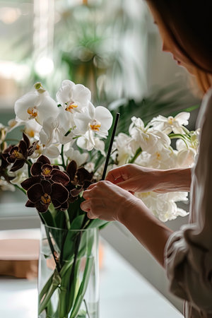 A serene moment of arranging white orchids, conveying tranquility. Ideal for lifestyle or floral themes. AI Generated.の素材