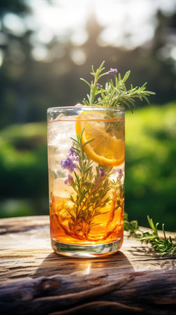 Iced tea with herbs and lemon in sunlight on wooden table. Beverage photography, Recipe development, Summer refreshment advertising. AI Generated.の素材