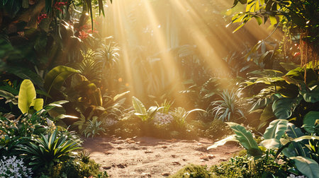 Sunbeams shining through a lush forest path. AI Generated.の素材