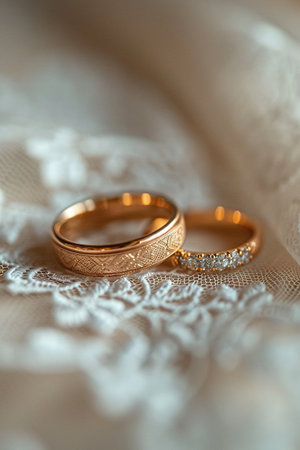Gold wedding rings on lace fabric. AI Generated.の素材