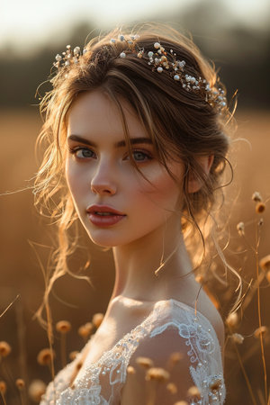 Bride with intricate hairpiece in golden field at sunset. AI Generated.の素材
