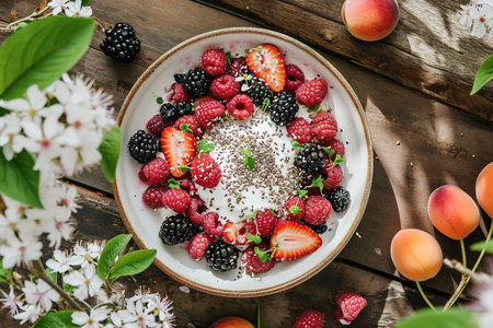 Yogurt with mixed berries and chia seeds. AI Generated.の素材
