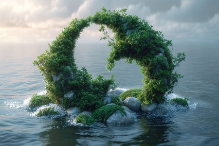 Natural arch made of stones and greenery in water. AI Generated.の素材