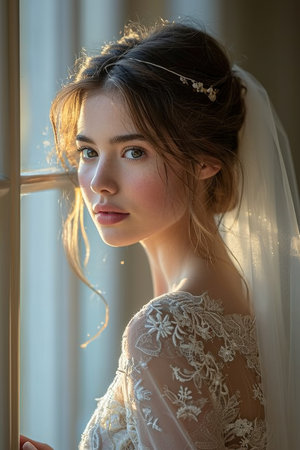 Bride in sunlight, veiled, with a thoughtful gaze. AI Generated.の素材