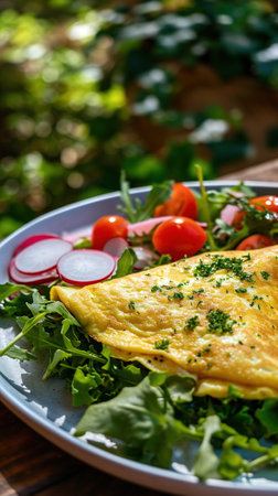 Omelette with fresh garden salad on a plate. AI Generated.の素材
