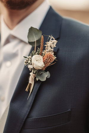 Groom's boutonniere on suit jacket. AI Generated.の素材