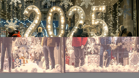 Festive store window display with mannequins and glowing 2025 sign. Generated AI.の素材