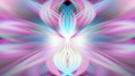 Multi Color Abstract Gradient Crossing Wavy Background. Fractal Art Digital Painting for Home Decoration. Fantasy Effect Blur Light Overlay. Trendy Graphic Colorful Floral Leaf Psychedelic Wallpaperの写真素材