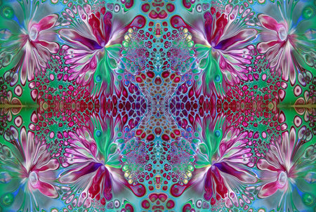 Kaleidoscopic Abstract Art with Vibrant Multicolor Patterns and Intricate Swirl Designsの写真素材