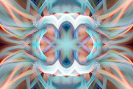 Abstract Digital Art, Futuristic Fractal World, Colorful Fantasy, Neon Glow, Symmetrical Kaleidoscope, 3D Strips, Decorative Flower Ornament, Colorful Abstract Illustration, and Fantasy Texturesの写真素材