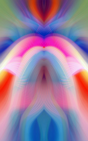 Vibrant Abstract Digital Art Featuring Symmetrical Kaleidoscopic Patterns, Neon Glow, and Colorful Fractal Design for Modern and Futuristic Aestheticの写真素材