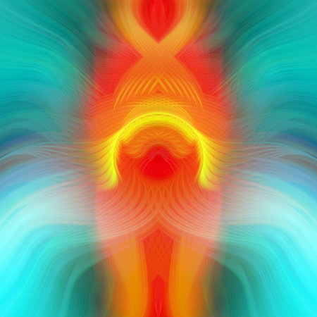 Vibrant Abstract Digital Art Featuring Symmetrical Kaleidoscopic Patterns, Neon Glow, and Colorful Fractal Design for Modern and Futuristic Aestheticの写真素材