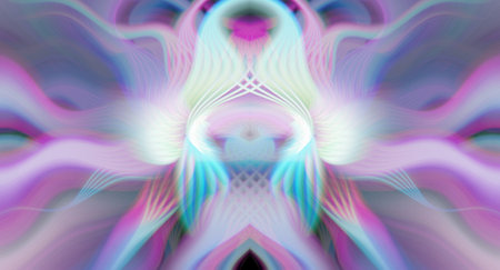 Vibrant Rainbow Abstract Art with Symmetrical Kaleidoscopic Patterns and Futuristic Neon Glow Designの写真素材