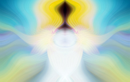 Vibrant Rainbow Abstract Art with Symmetrical Kaleidoscopic Patterns and Futuristic Neon Glow Designの写真素材