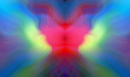Vibrant Rainbow Abstract Art with Symmetrical Kaleidoscopic Patterns and Futuristic Neon Glow Designの写真素材