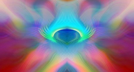 Vibrant Rainbow Abstract Art with Symmetrical Kaleidoscopic Patterns and Futuristic Neon Glow Designの写真素材