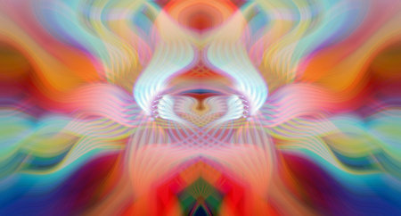 Vibrant Rainbow Abstract Art with Symmetrical Kaleidoscopic Patterns and Futuristic Neon Glow Designの写真素材