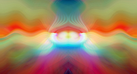 Vibrant Rainbow Abstract Art with Symmetrical Kaleidoscopic Patterns and Futuristic Neon Glow Designの写真素材
