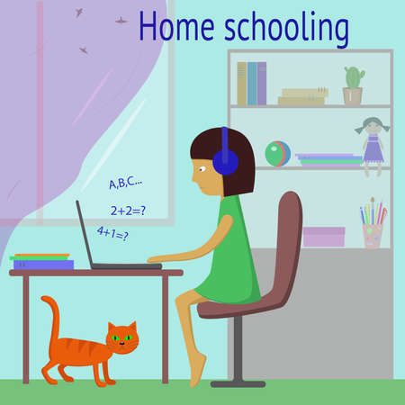 A little girl studies at home. A girl with a laptop in the children's room.のイラスト素材