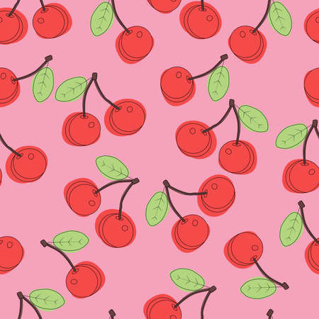 Cherries on a red background. Seamless vector patternのイラスト素材
