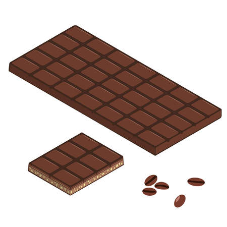 Chocolate in isometry. A bar of chocolate, a piece of chocolate, coffee beans. Vector isolated image on a white backgroundのイラスト素材