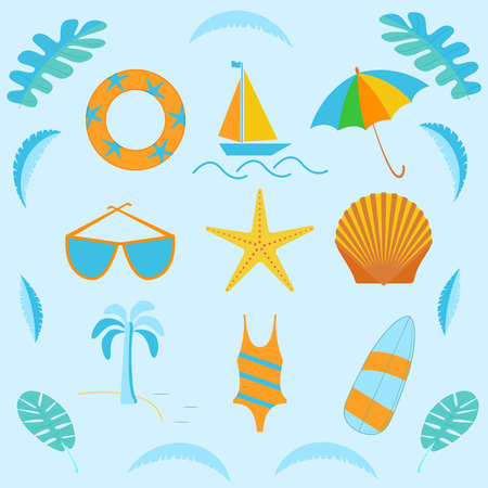 Set of icons for summer holidays at the sea. Isolated vector images. Clipartのイラスト素材