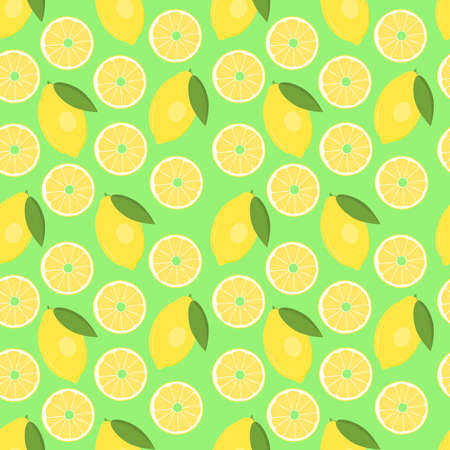 Lemon. Seamless vector pattern for design, packaging, Wallpaper, fabric. Fruit pattern. Lemons and lemon slices on a green background.のイラスト素材