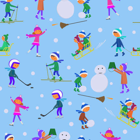 Active recreation for children in winter. Children build a snowman, sledding and skiing. Seamless vector pattern on a blue backgroundのイラスト素材