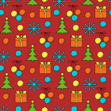 New Year seamless vector pattern. New Year seamless vector pattern. Christmas tree, balls, gift on a...