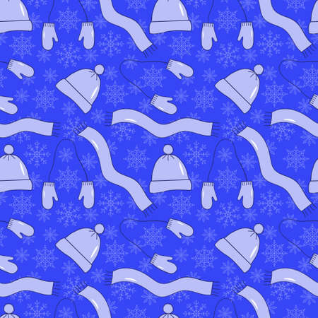 Seamless winter vector pattern. Set of mittens, scarf and hats on a blue background. Background for...