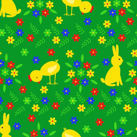Seamless vector pattern with chicken, rabbit, flowers. Easter background.のイラスト素材