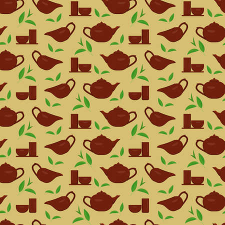 Chinese tea. Earthenware for tea. Seamless vector pattern for design, packaging, wallpaper, fabric.のイラスト素材