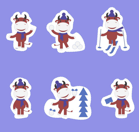 Funny goby. A set of stickers from images of a bull. Symbol of the Chinese new year 2021. Isolated vector image.のイラスト素材
