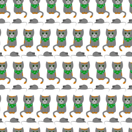 Cat and mouse. Seamless vector pattern. Cartoon cats and mice on a white background.のイラスト素材