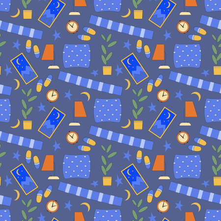 Bedroom icons. Seamless vector pattern with pillows, slippers, lamp. Pattern for packaging, wallpaper, fabric bedroom decorationのイラスト素材