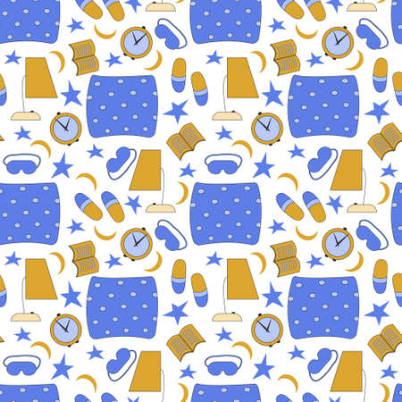 Bedroom icons. Seamless vector pattern with pillows, slippers, lamp. Pattern for packaging, wallpaper, fabric bedroom decorationのイラスト素材